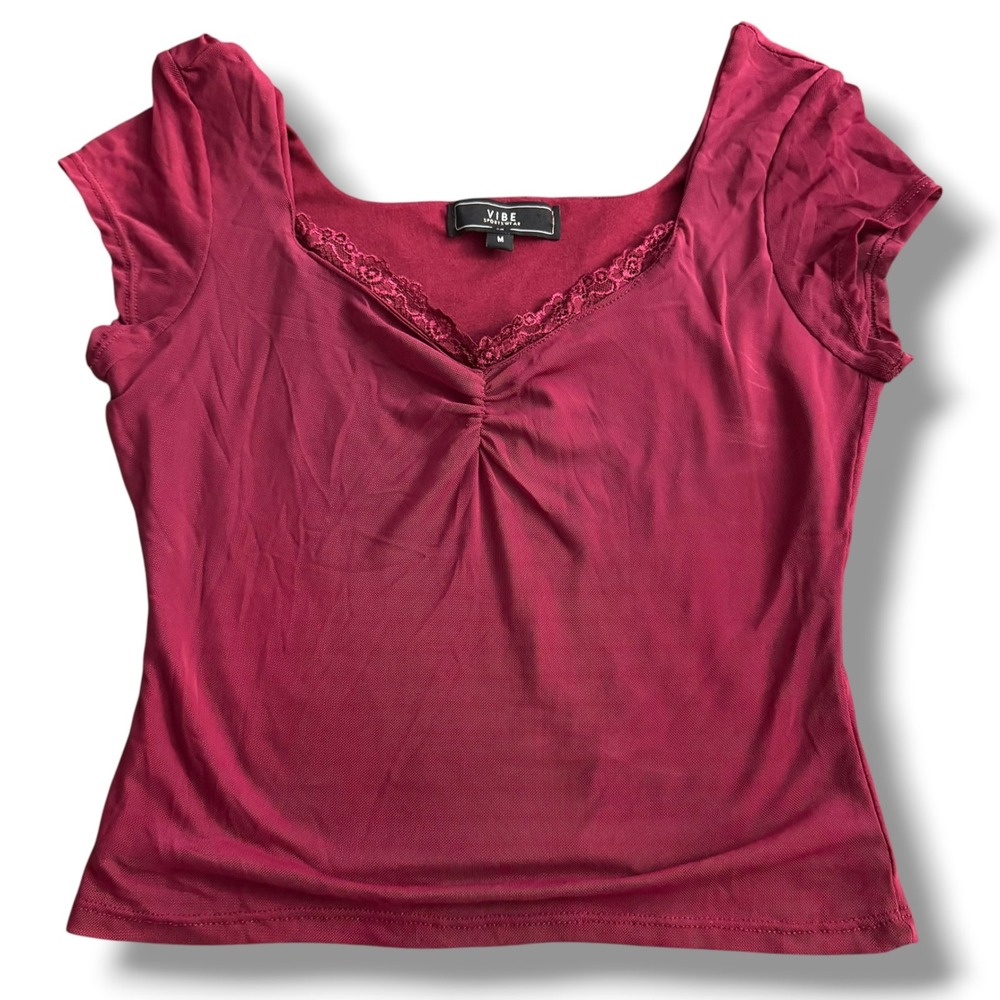 Vibe Sportswear Mesh Top Women M Burgundy Lace Trim Ruched Y2K Cap Sleeve